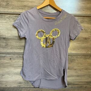 Disney Parks Mickey Mouse Pretzel Snack Time Gray Gold Sequin Tee T-shirt S